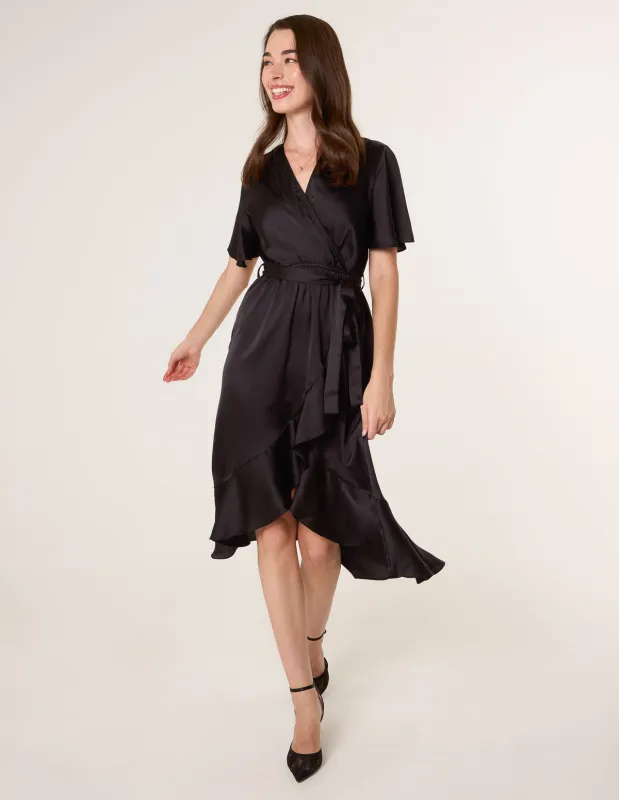 Satin Wrap Frill High To Low Midi Dress sold by Blue Vanilla