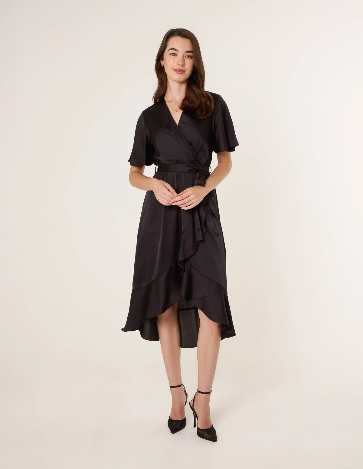 Satin Wrap Frill High To Low Midi Dress sold by Blue Vanilla product image thumbnail 3