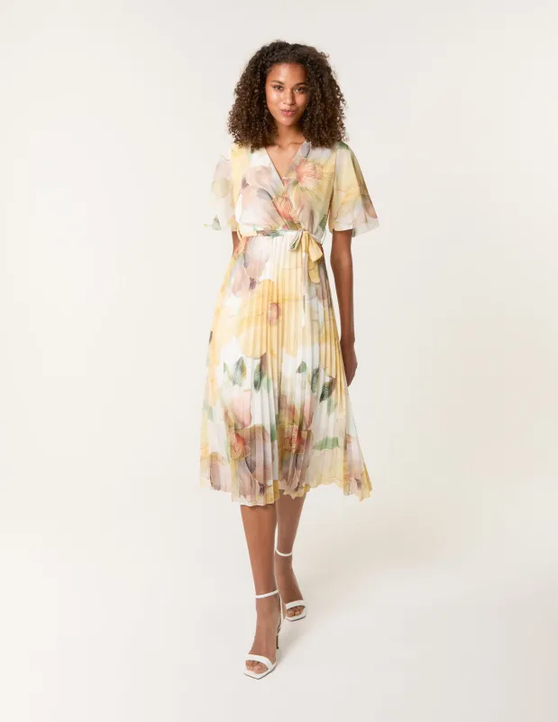 Watercolour Floral Printed Wrap Front Pleated Dress sold by Blue Vanilla