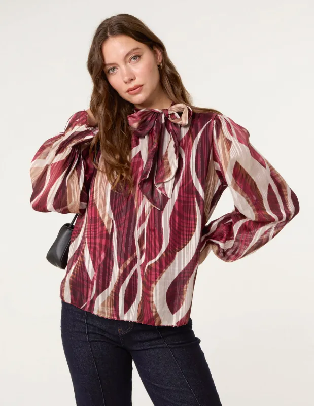 Geometric Print Pussybow Metallic Top sold by Blue Vanilla