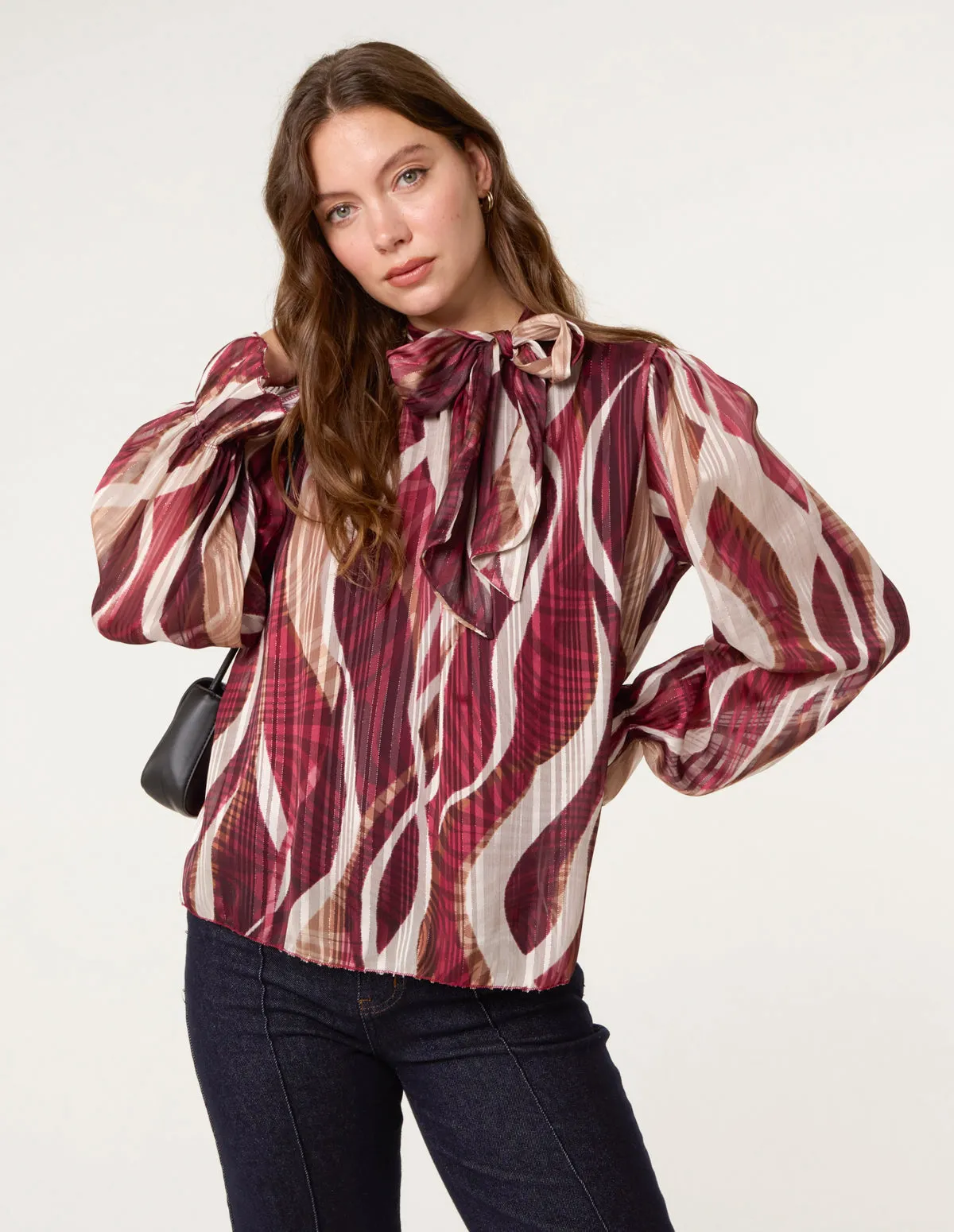 Geometric Print Pussybow Metallic Top sold by Blue Vanilla