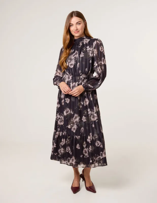 High Neck Floral Puffball Pleated Midi Dress sold by Blue Vanilla