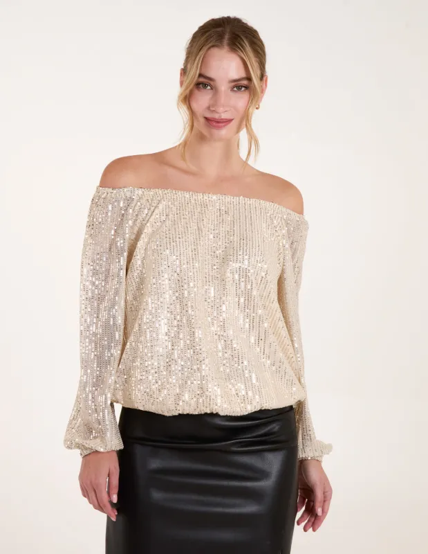 Elastic Neck Puffball Sequin Top sold by Blue Vanilla