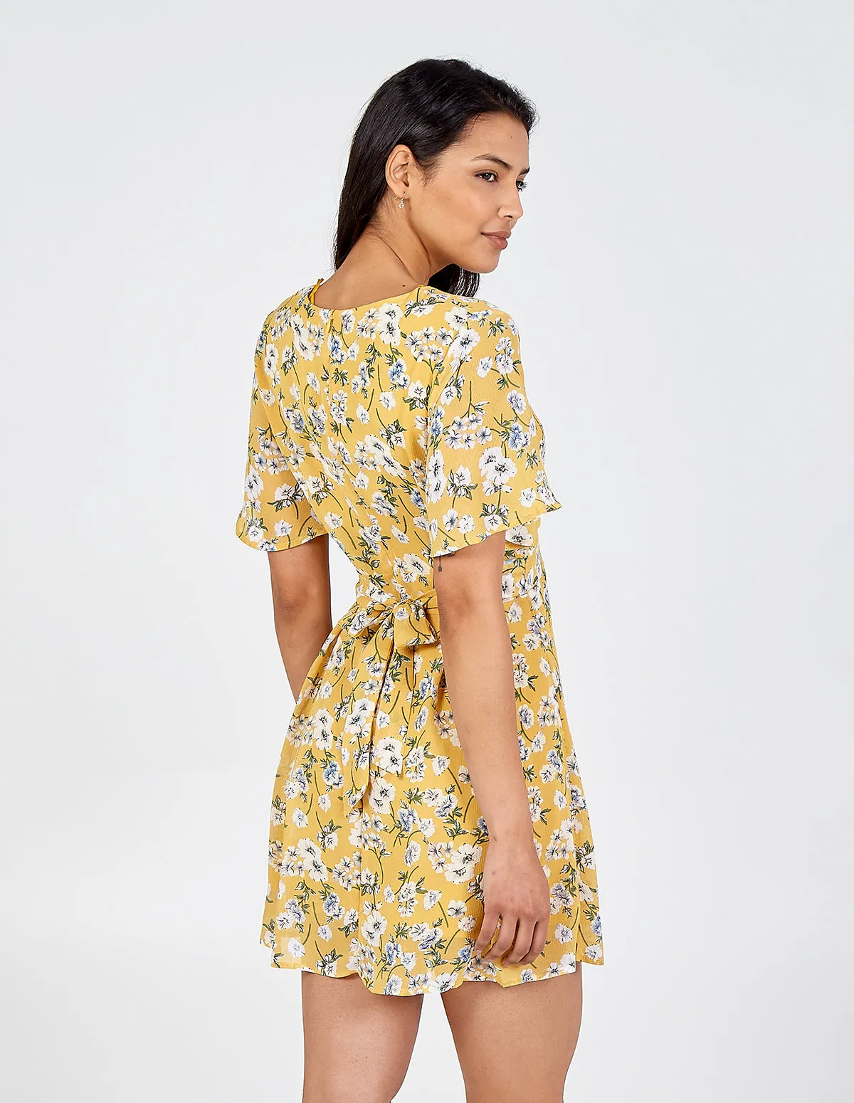Floral Print Wrap Tie Back Yellow Dress sold by Blue Vanilla product image thumbnail 3