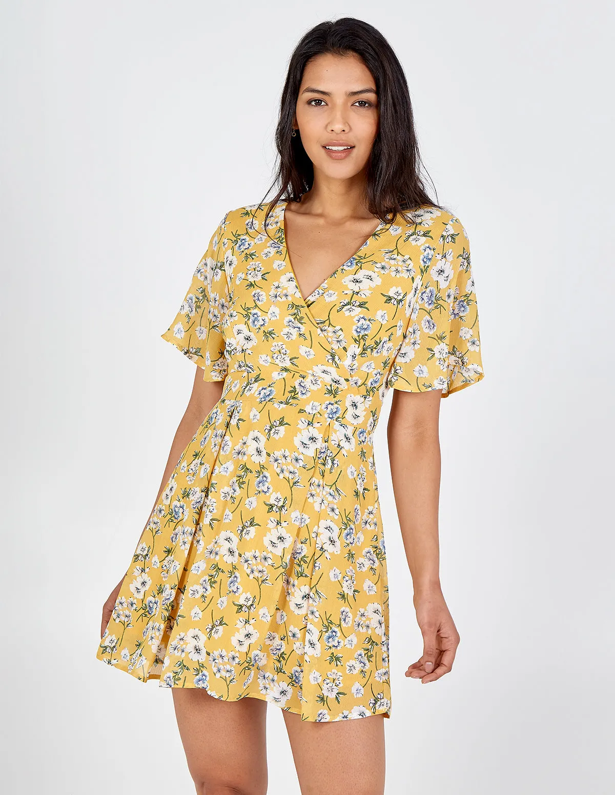 Floral Print Wrap Tie Back Yellow Dress sold by Blue Vanilla