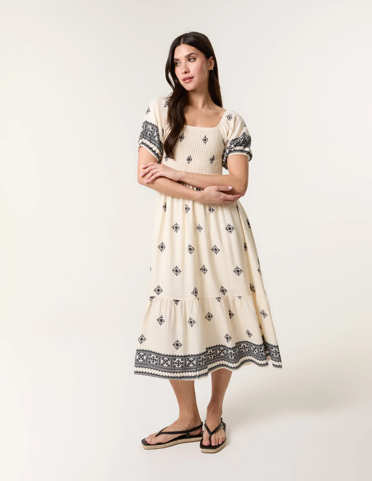 Shirred Square Neck Border Print Puff Sleeve Midi Dress sold by Blue Vanilla product image thumbnail 3