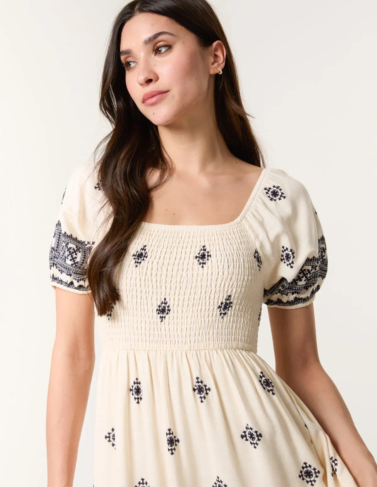 Shirred Square Neck Border Print Puff Sleeve Midi Dress sold by Blue Vanilla product image thumbnail 2