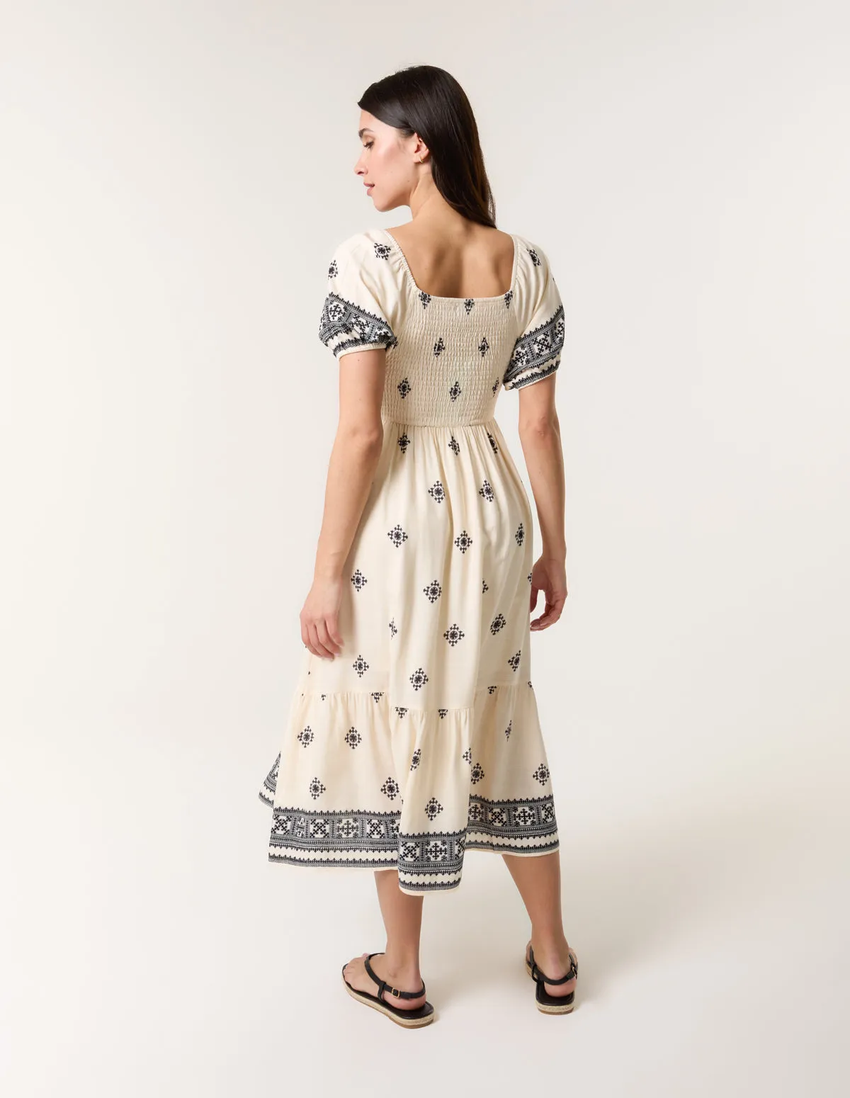 Shirred Square Neck Border Print Puff Sleeve Midi Dress sold by Blue Vanilla product image thumbnail 4
