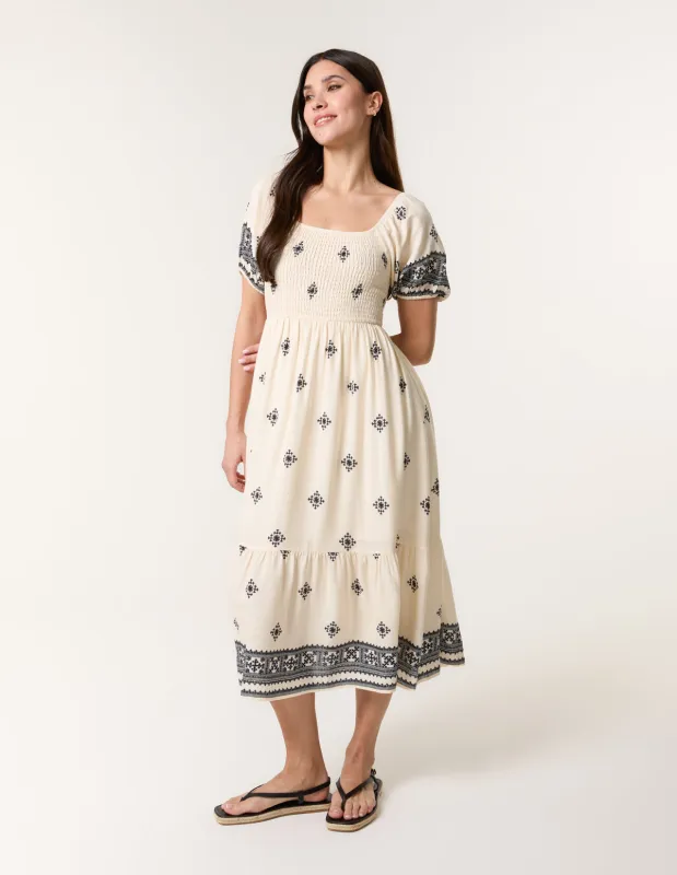 Shirred Square Neck Border Print Puff Sleeve Midi Dress sold by Blue Vanilla