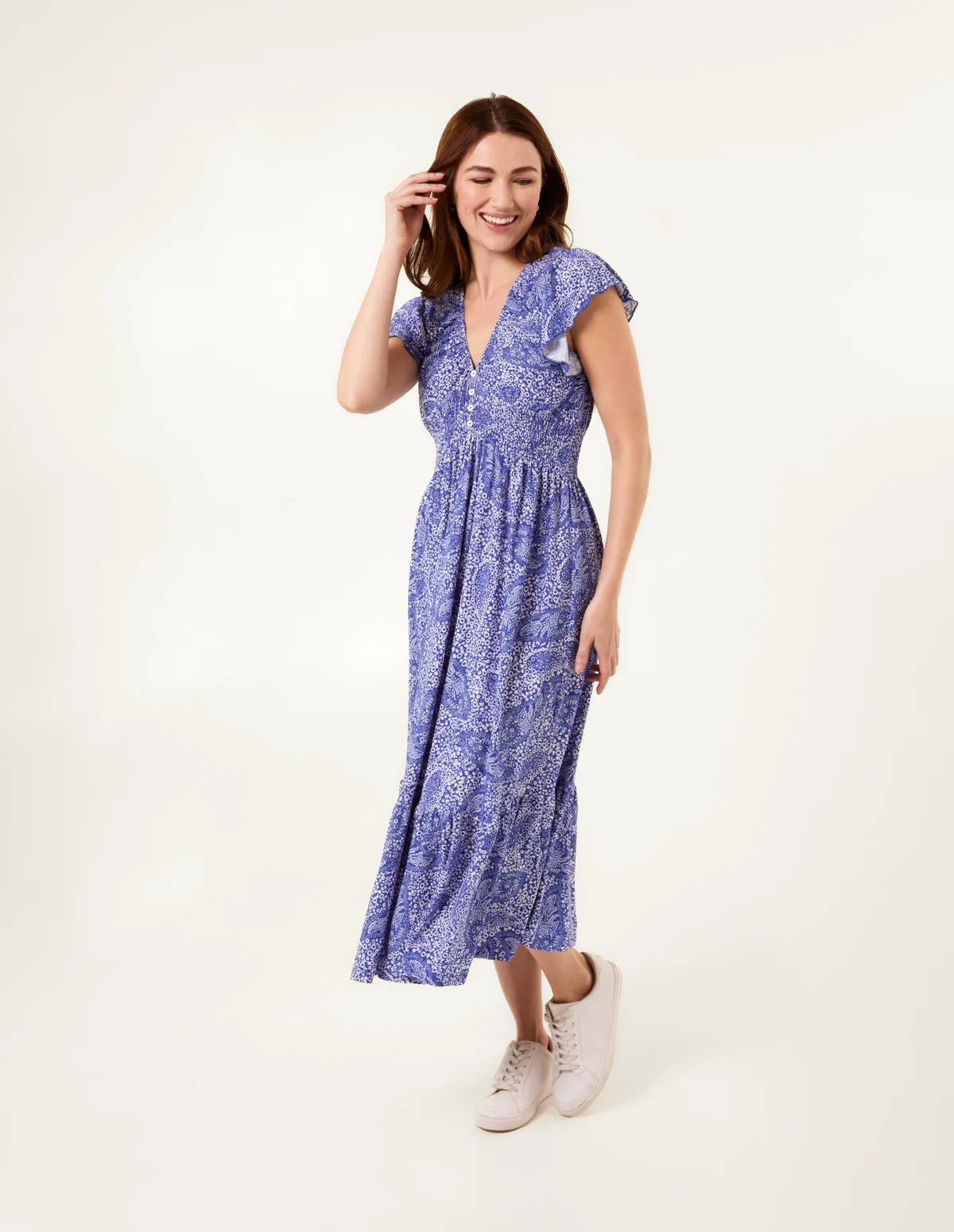 Frill Sleeve V Neck Button Front Midi Dress sold by Blue Vanilla product image thumbnail 3