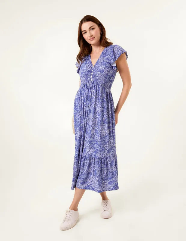 Frill Sleeve V Neck Button Front Midi Dress sold by Blue Vanilla