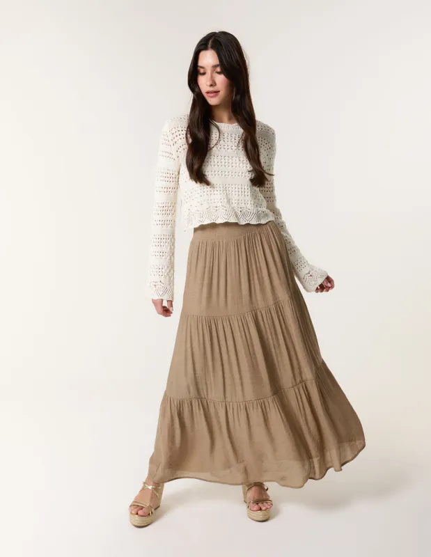 Shirring Waist Tiered Maxi Skirt sold by Blue Vanilla