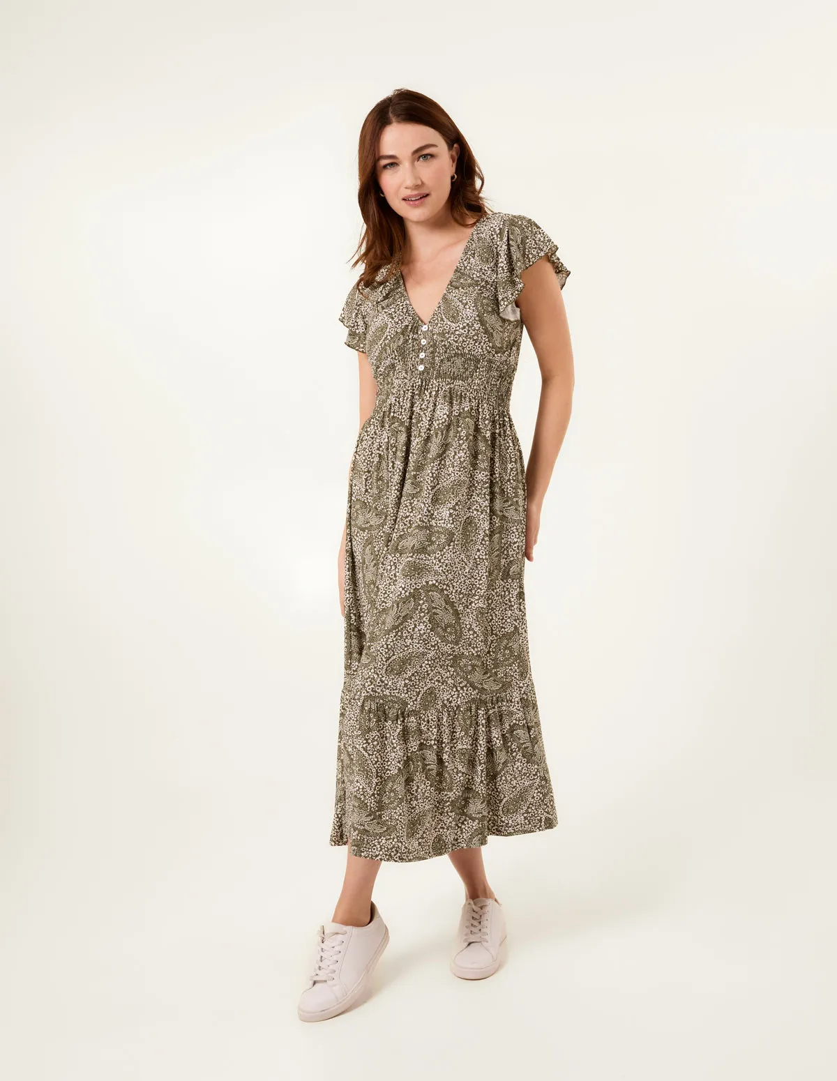 Frill Sleeve V Neck Button Front Midi Dress sold by Blue Vanilla product image thumbnail 3