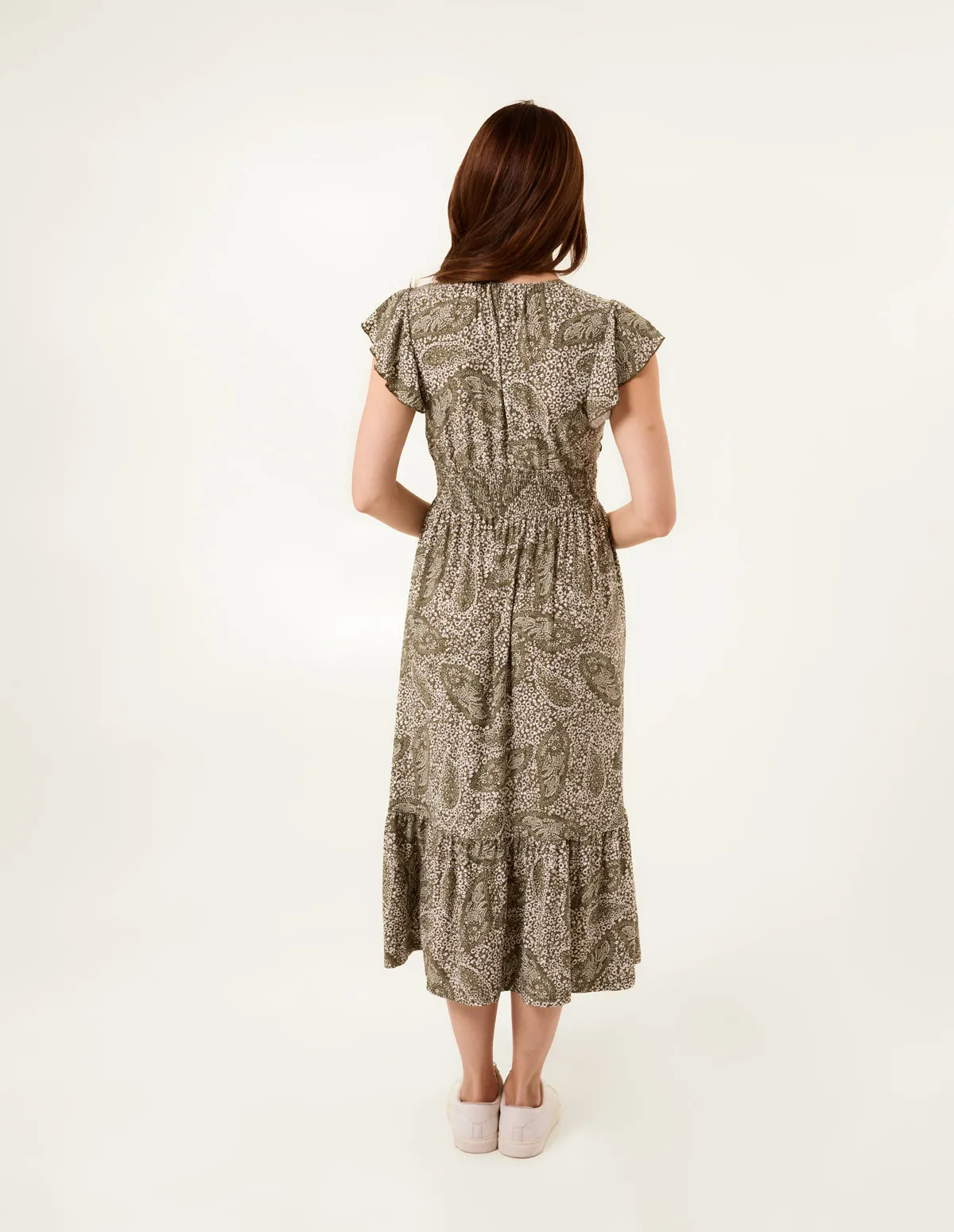 Frill Sleeve V Neck Button Front Midi Dress sold by Blue Vanilla product image thumbnail 4