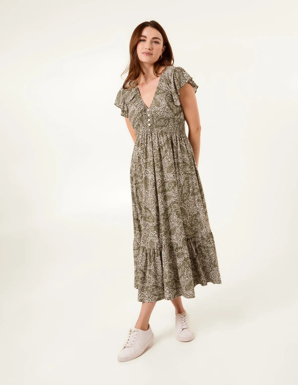 Frill Sleeve V Neck Button Front Midi Dress sold by Blue Vanilla