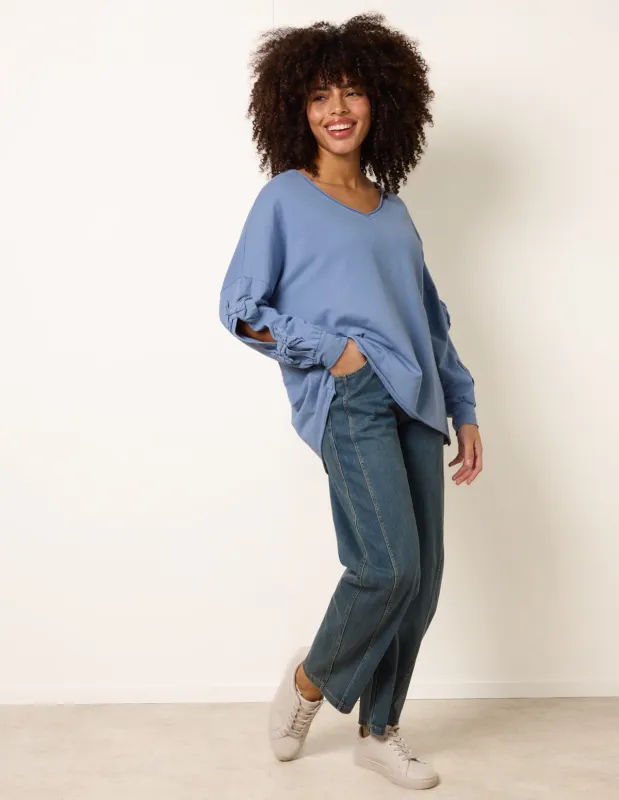 Loop Back Sweat Bow Sleeve Raw Edge V Neck Top sold by Blue Vanilla