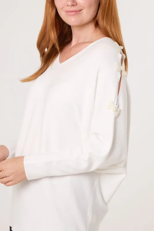 V-Neck Batwing Shoulder Pearl Detailing Jumper sold by Blue Vanilla