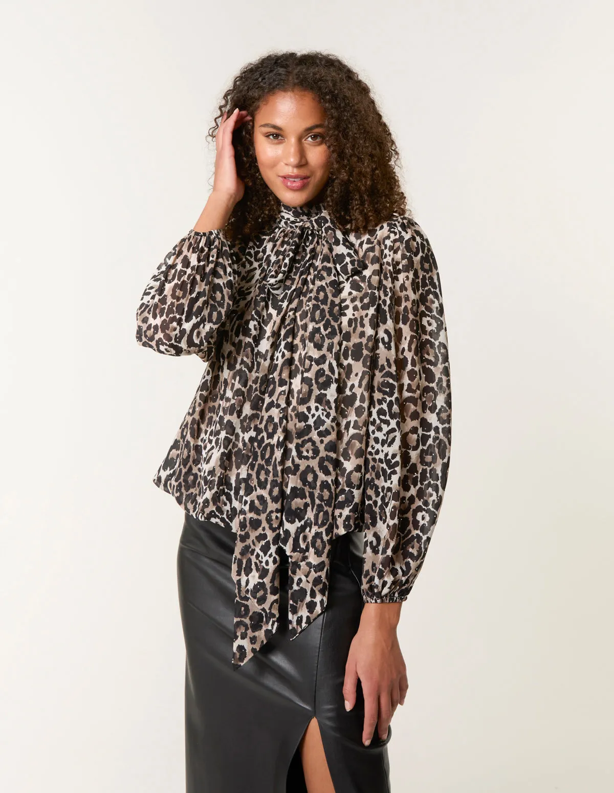 Leopard Print Tie Neck Pussybow Studded Puffball Top sold by Blue Vanilla product image thumbnail 3