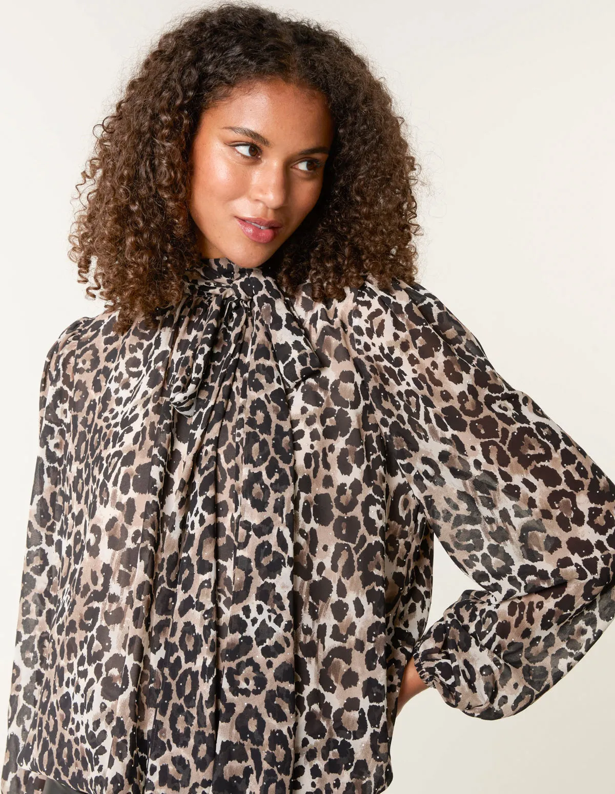 Leopard Print Tie Neck Pussybow Studded Puffball Top sold by Blue Vanilla product image thumbnail 2