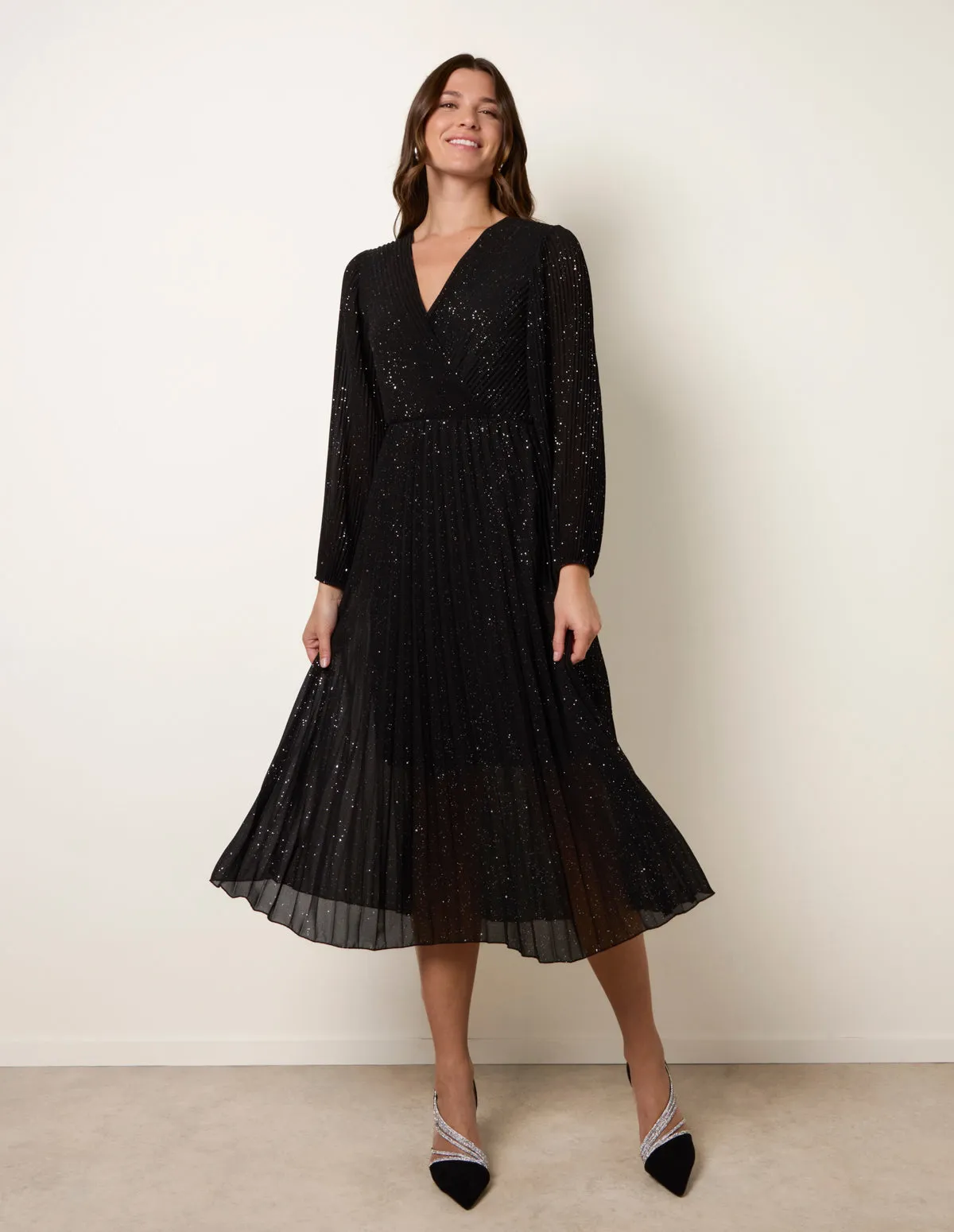 Pleated Crossover Metallic Glitter Dress sold by Blue Vanilla