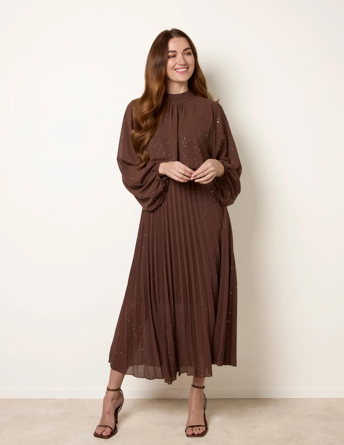 Pleated Metallic Sparkle High Neck Dress sold by Blue Vanilla