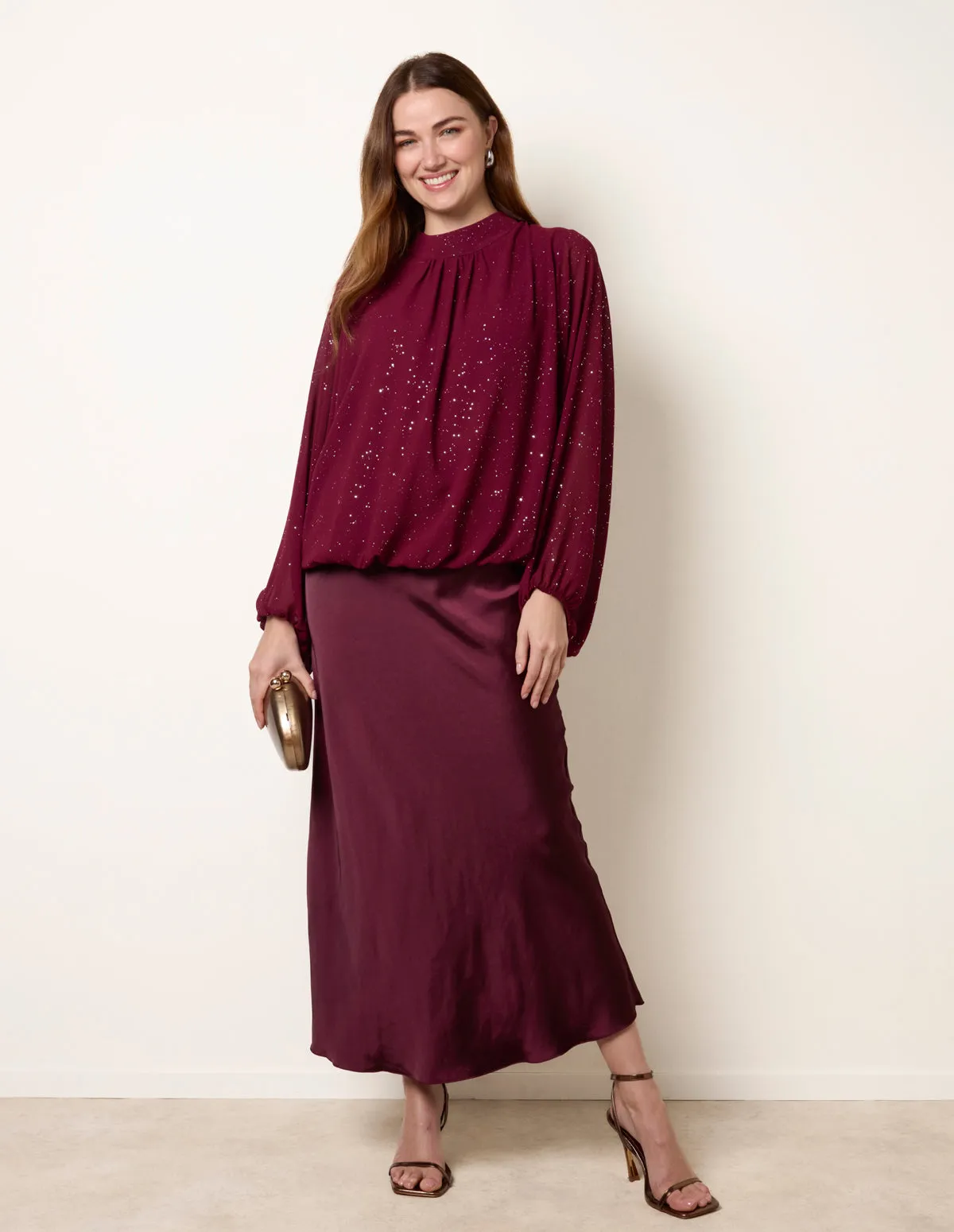 Metallic Sparkle Chiffon High Neck Puffball Top sold by Blue Vanilla product image thumbnail 3