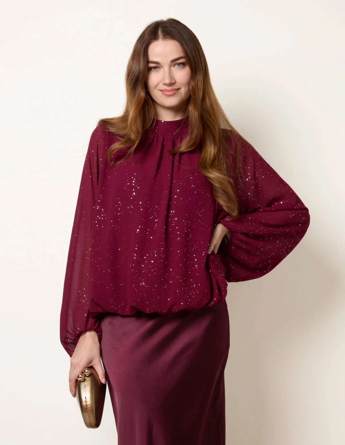 Metallic Sparkle Chiffon High Neck Puffball Top sold by Blue Vanilla