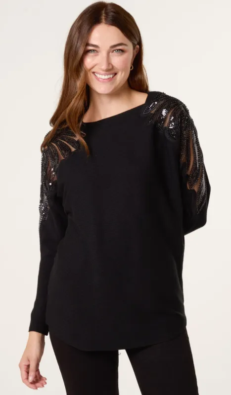 Crew Neck Batwing Shoulder Pearl Detailing Jumper sold by Blue Vanilla