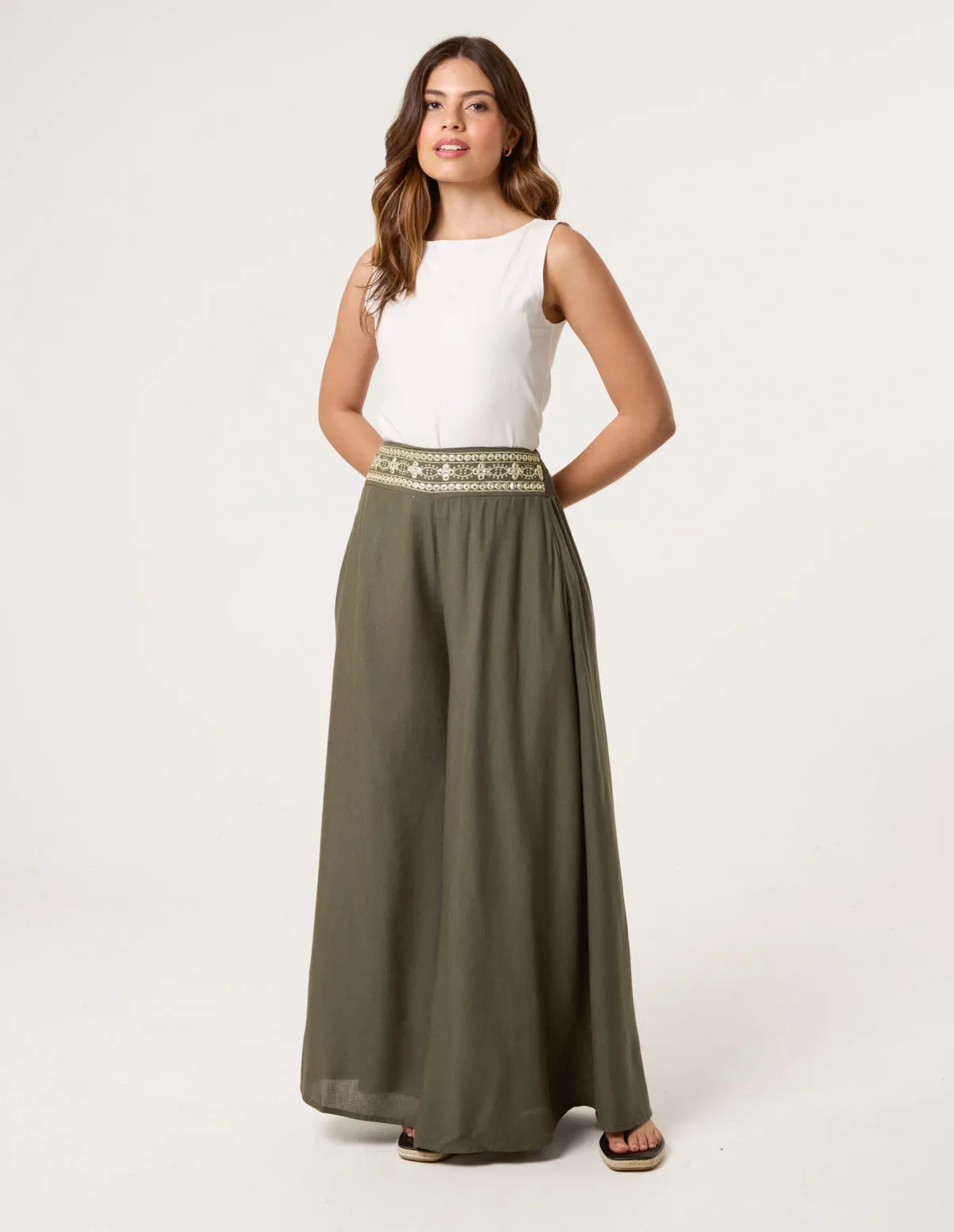 Wide Leg Embellished Linen Trousers sold by Blue Vanilla product image thumbnail 3