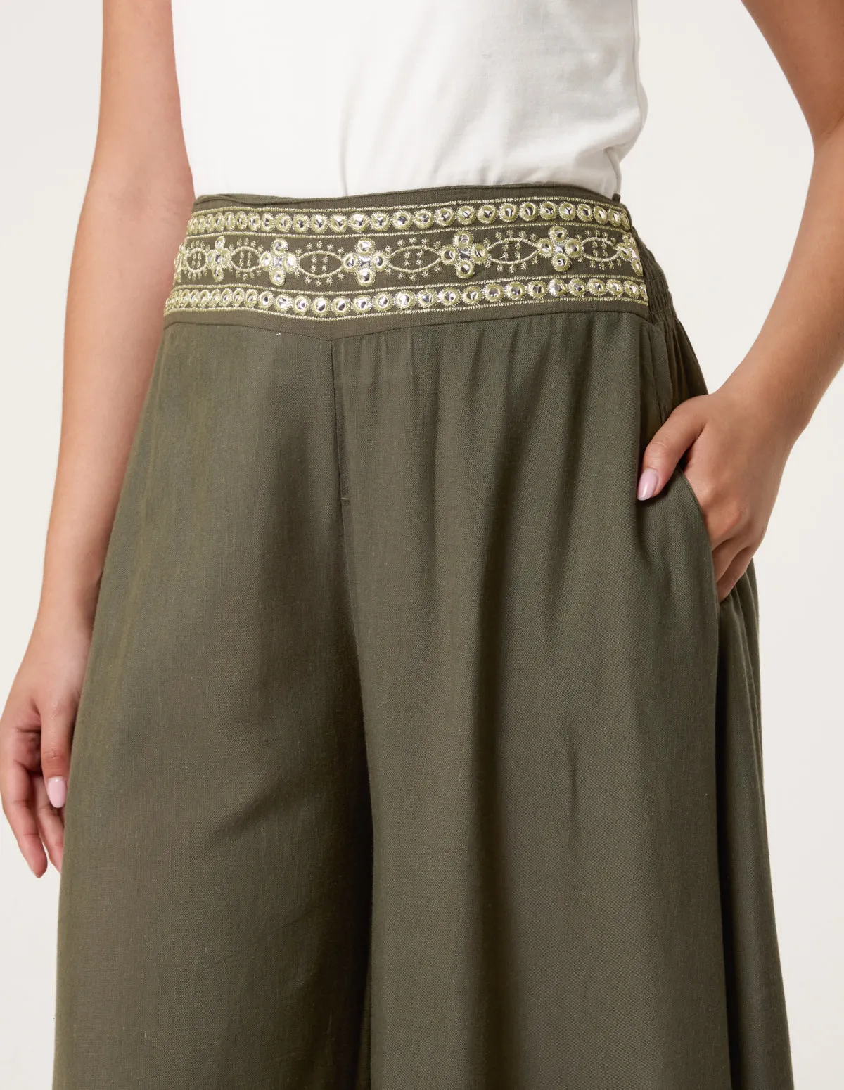 Wide Leg Embellished Linen Trousers sold by Blue Vanilla product image thumbnail 4