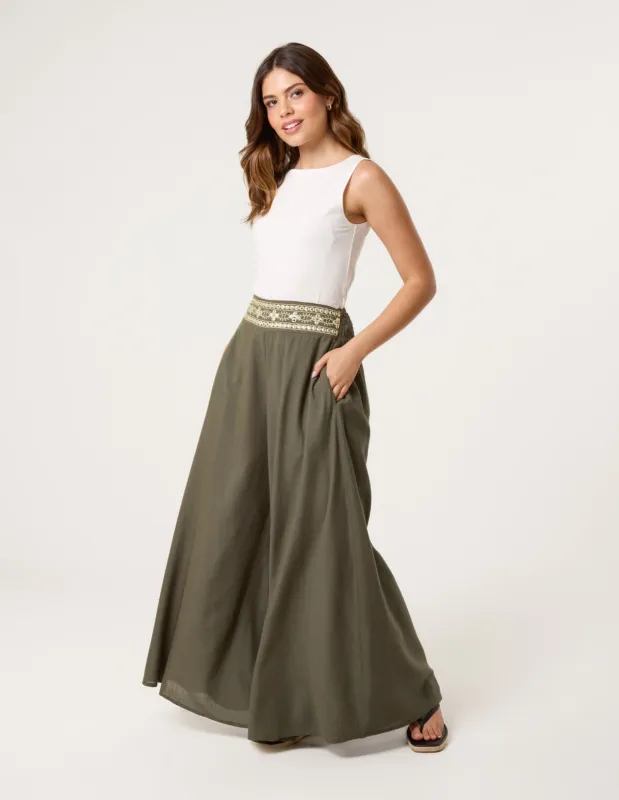 Wide Leg Embellished Linen Trousers made by Blue Vanilla