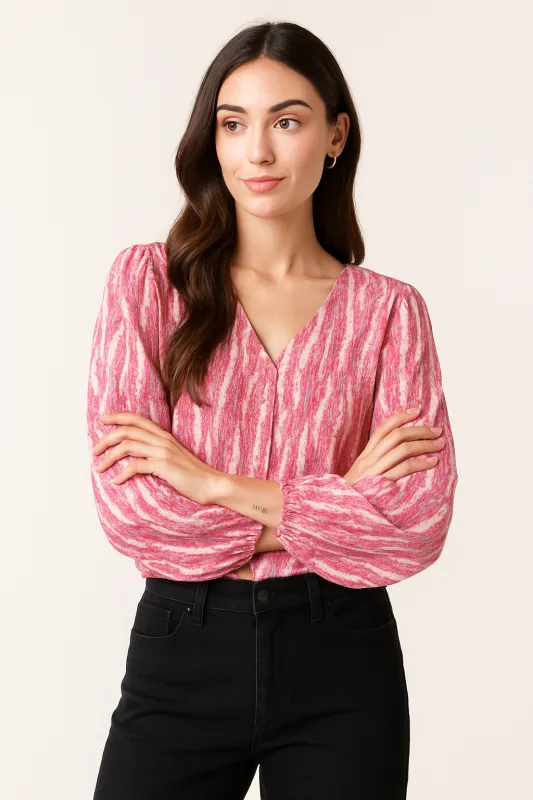 V Neck Wavy Print Bubble Hem Top sold by Blue Vanilla