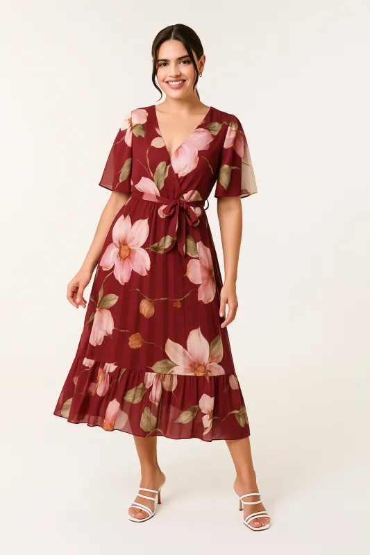 Watercolour Floral Printed Wrap Front Pleated Dress sold by Blue Vanilla