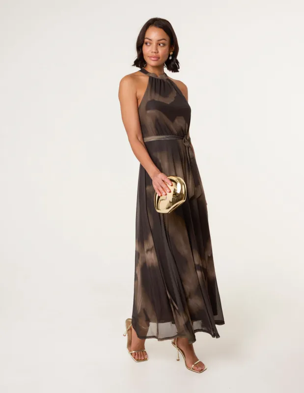 Printed Mesh Halter Neck Belted Maxi Dress made by Blue Vanilla