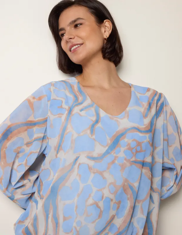 Abstract Print V Neck Puffball Top sold by Blue Vanilla