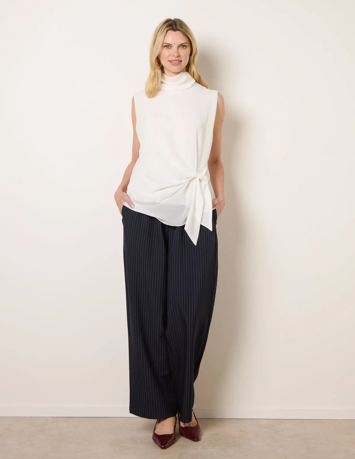 Sleeveless Cowl Tie Front Chiffon Blouse sold by Blue Vanilla product image thumbnail 3