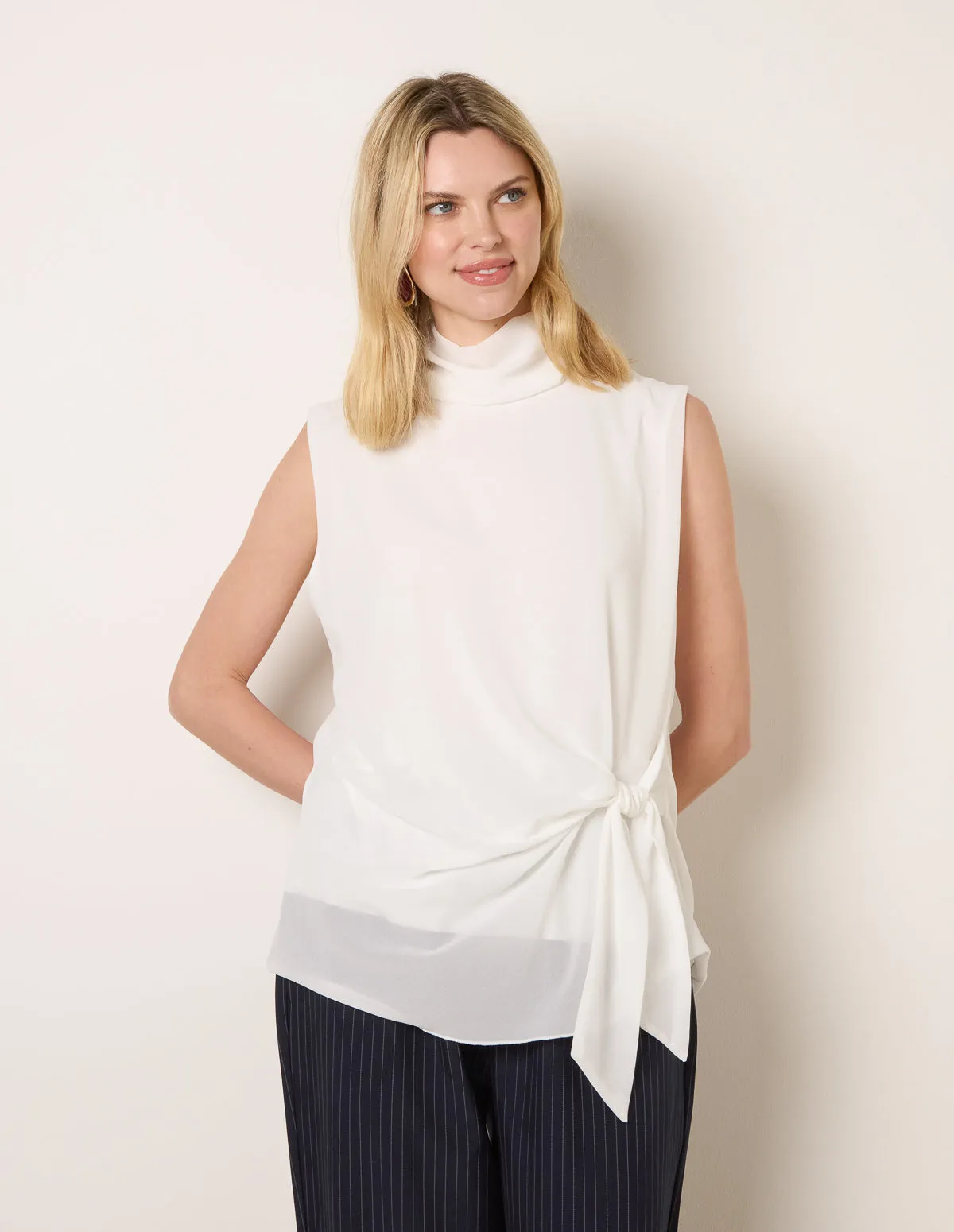 Sleeveless Cowl Tie Front Chiffon Blouse sold by Blue Vanilla product image thumbnail 2