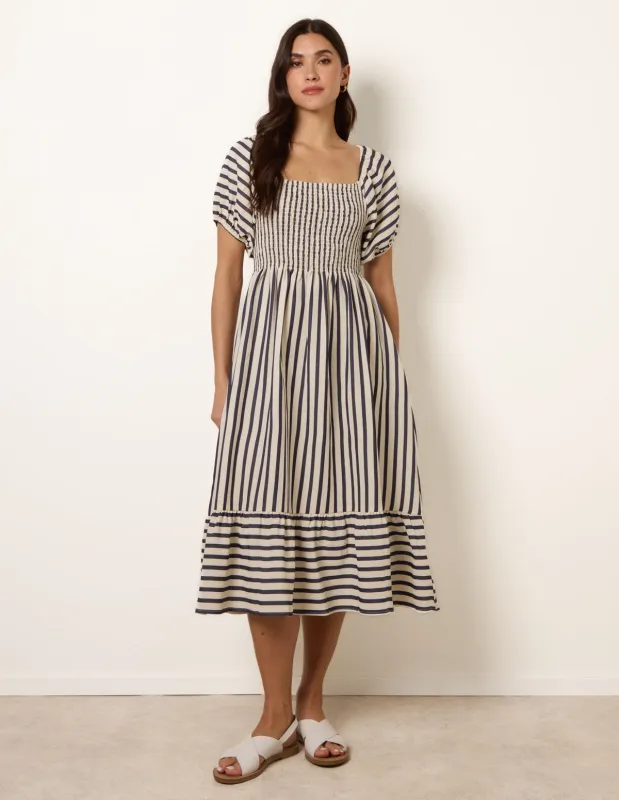 Square Neck Puff Sleeve Stripe Midi Dress made by Blue Vanilla