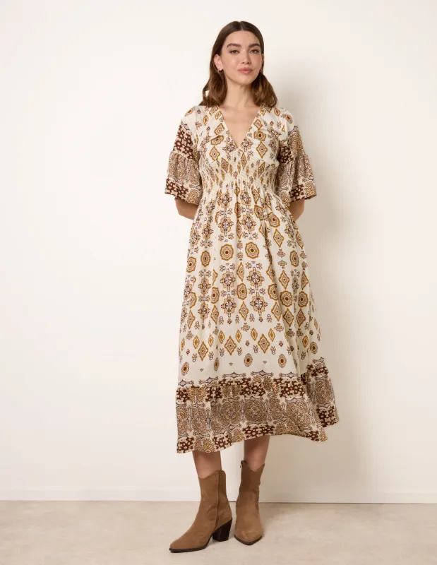 V Neck Border Print Maxi Dress made by Blue Vanilla