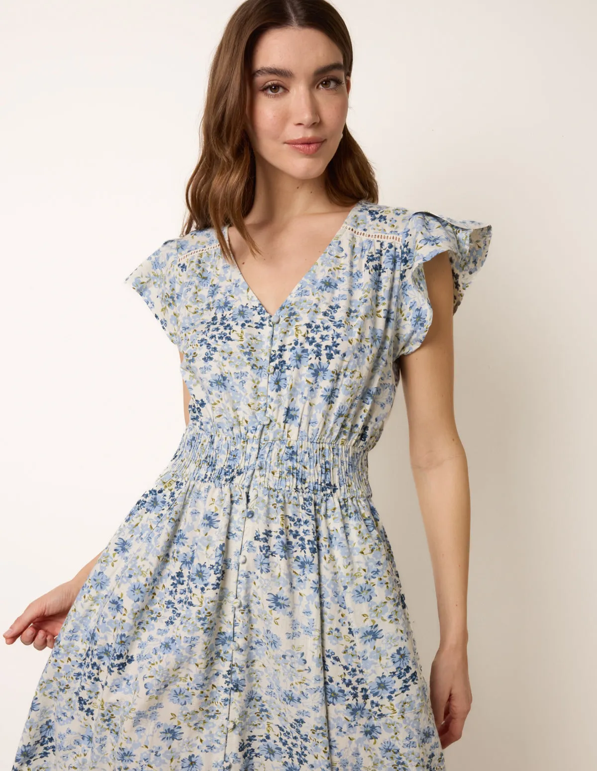 Ditsy Floral Print Shirred Waist Button Front Maxi Dress sold by Blue Vanilla product image thumbnail 2