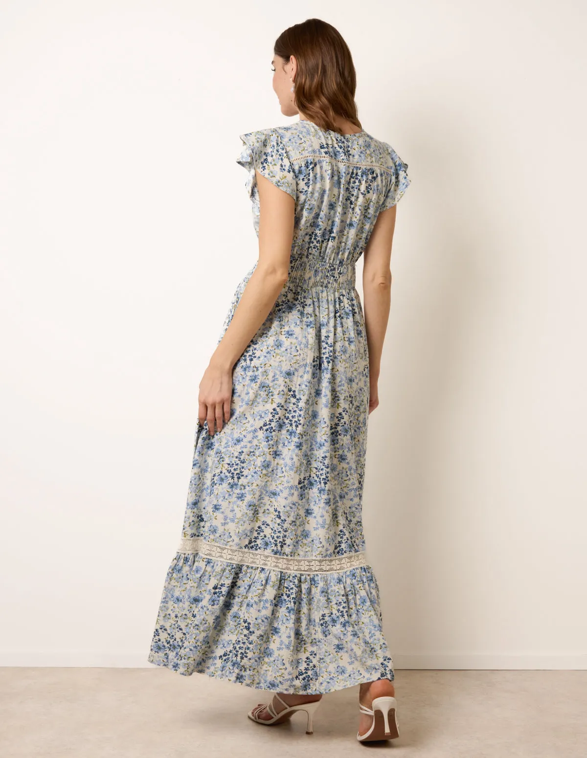 Ditsy Floral Print Shirred Waist Button Front Maxi Dress sold by Blue Vanilla product image thumbnail 4
