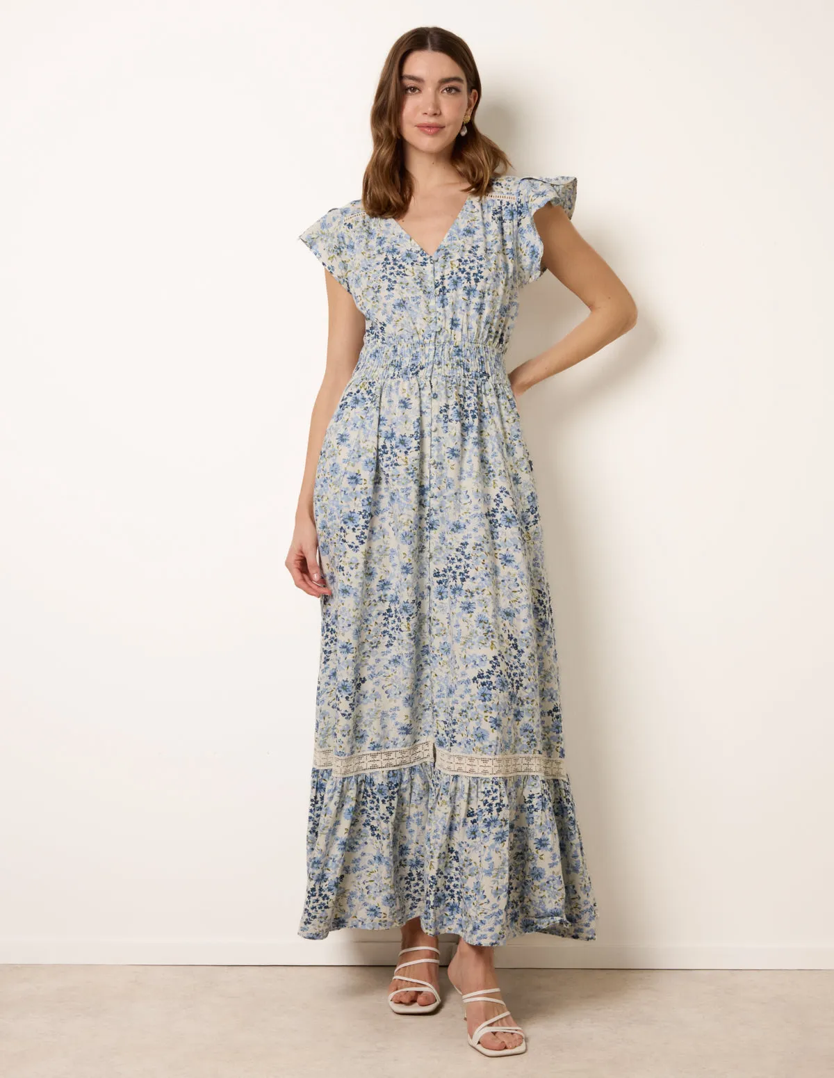Ditsy Floral Print Shirred Waist Button Front Maxi Dress sold by Blue Vanilla product image thumbnail 3