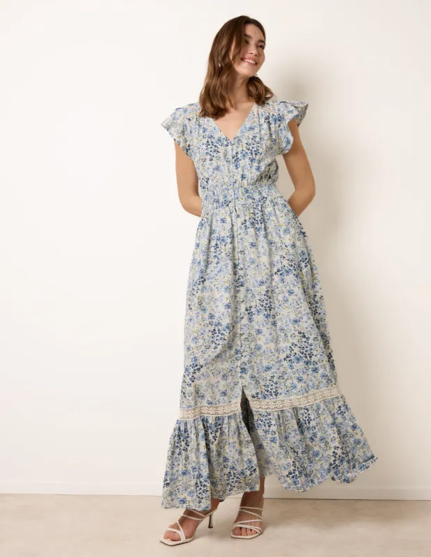 Ditsy Floral Print Shirred Waist Button Front Maxi Dress made by Blue Vanilla