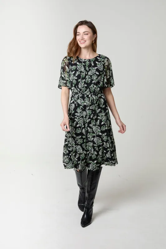 Rose Print Crew Neck Mesh Midi Dress made by Blue Vanilla