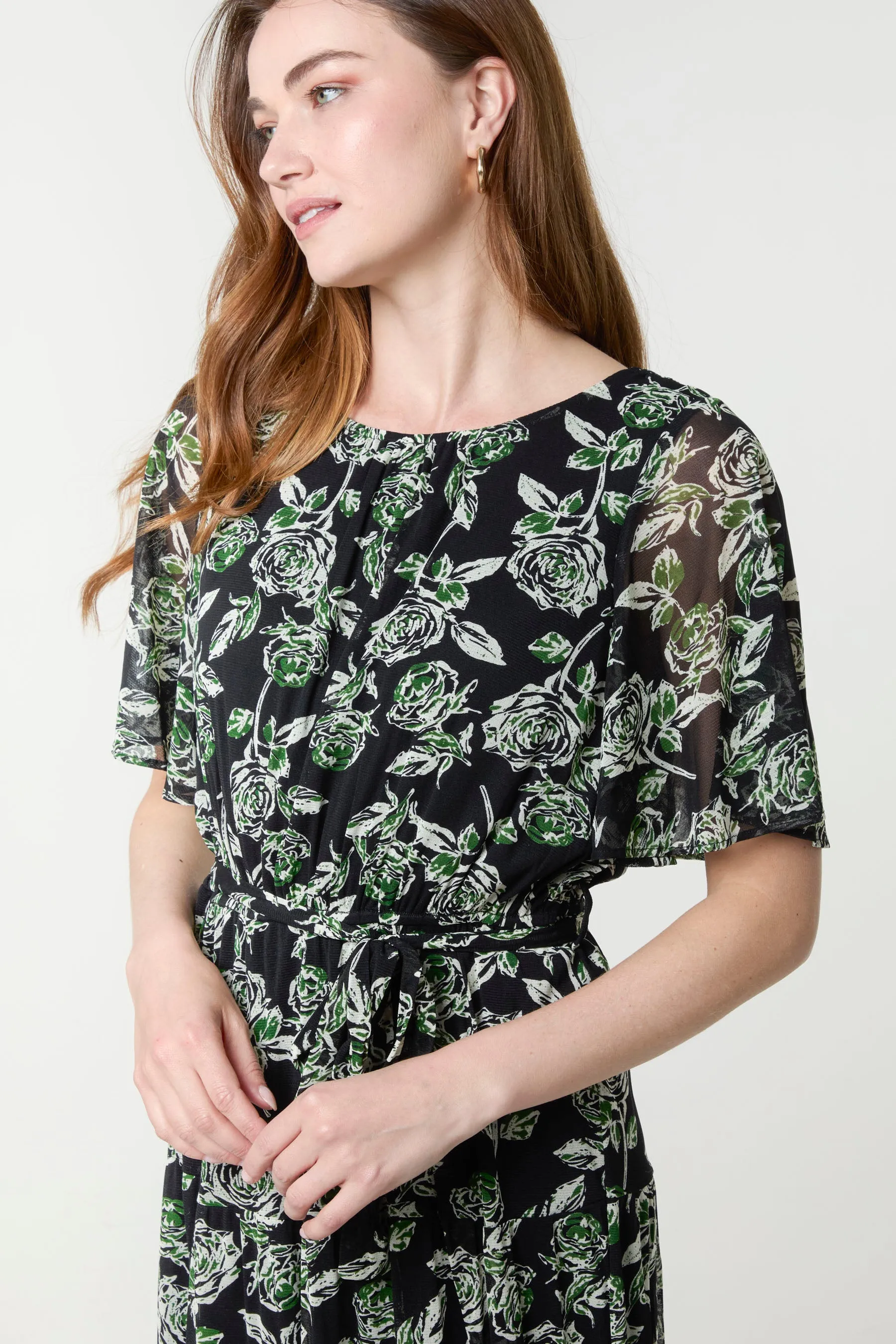 Rose Print Crew Neck Mesh Midi Dress sold by Blue Vanilla product image thumbnail 2