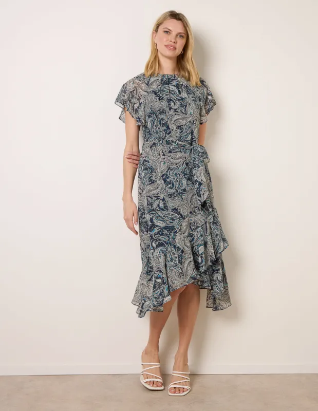 Paisley Print Angel Sleeve Asymmetric Midi Dress made by Blue Vanilla