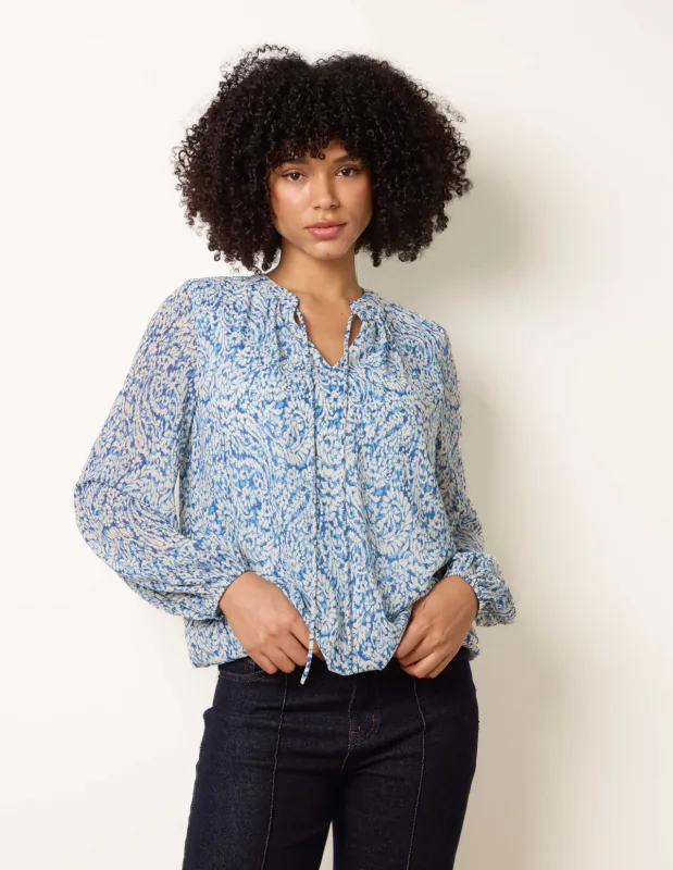 Grandad Tie Neck Puff Hem Watercolour Blouse sold by Blue Vanilla