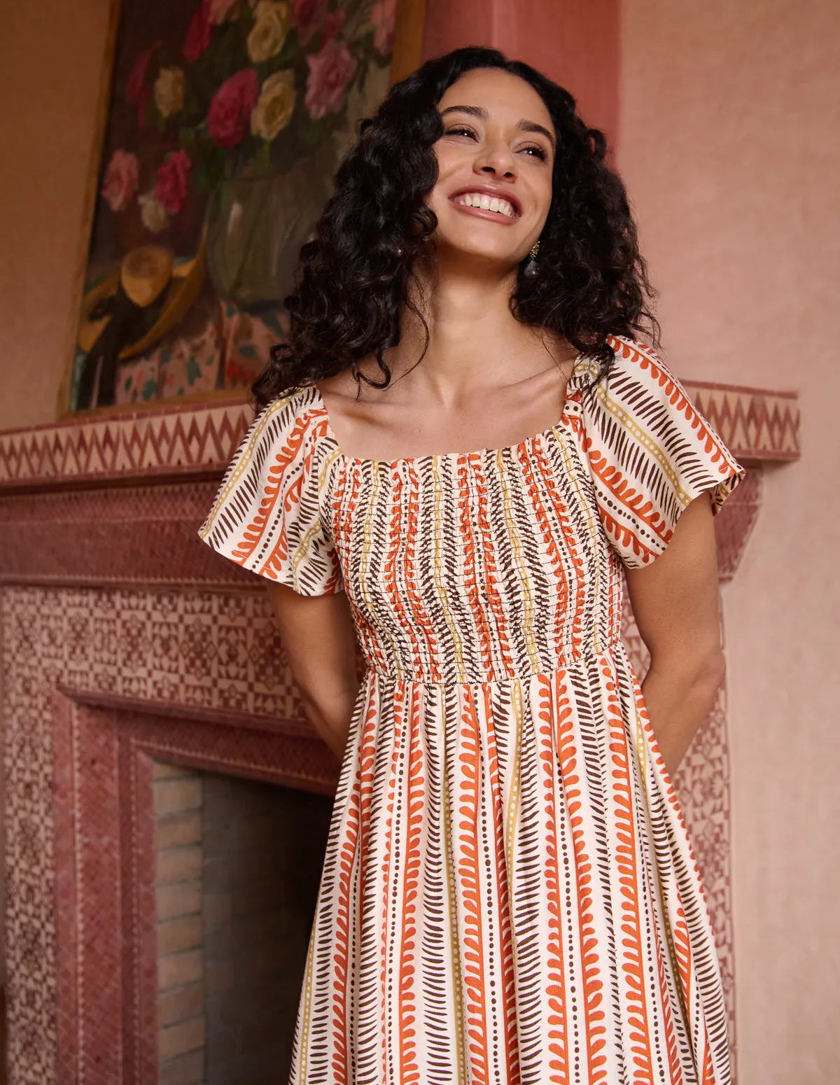 Short Sleeve Shirred Waist Abstract Print Dress sold by Blue Vanilla product image thumbnail 2