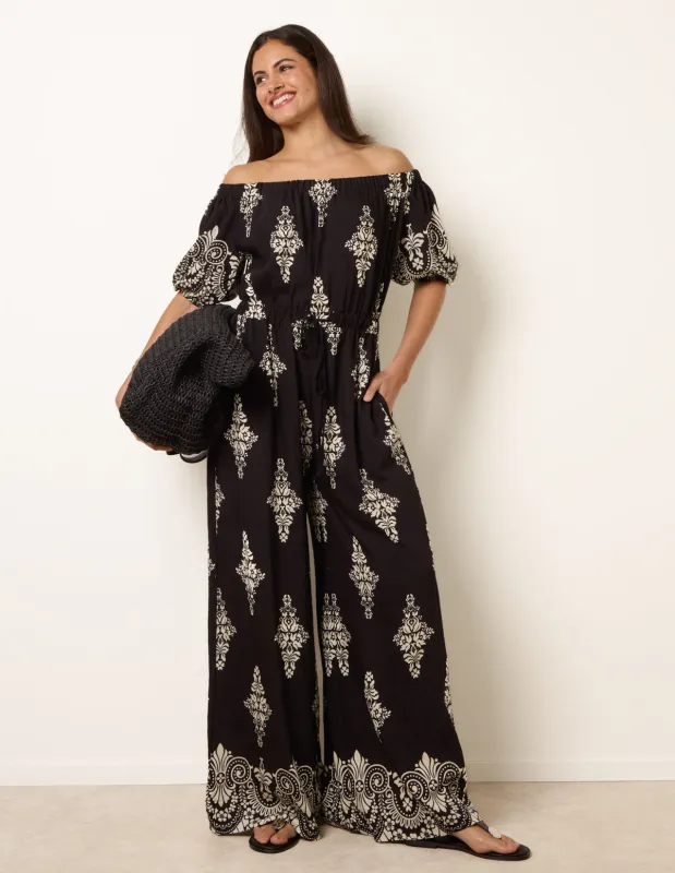 Printed Off Shoulder Jumpsuit made by Blue Vanilla