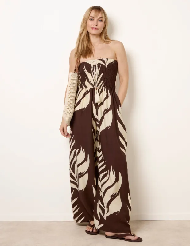 Printed Bandeau Tie Neck Shirred Jumpsuit made by Blue Vanilla